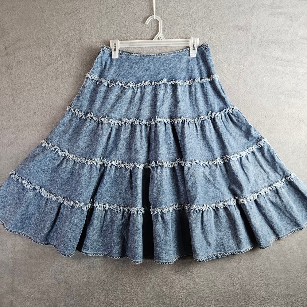 Tiered‎ Denim Skirt Cowboy Chic Boho Western Blue Size 8 Cotton